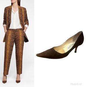 Jimmy Choo Suede Leather Romy 60MM Chocolate Brown Kitten Heel Pointed Toe Pumps